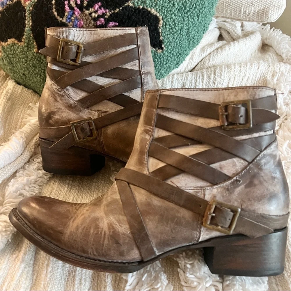 Freebird by Steven Taupe Brown Tan Strappy Leather Sammi Booties 9 - Picture 2 of 16